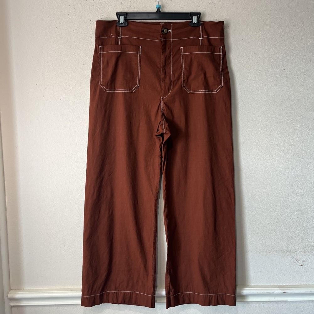 Maeve Anthropologie Colette Linen Crop Wide Leg Pant Contrast Stitch Merrick 33T